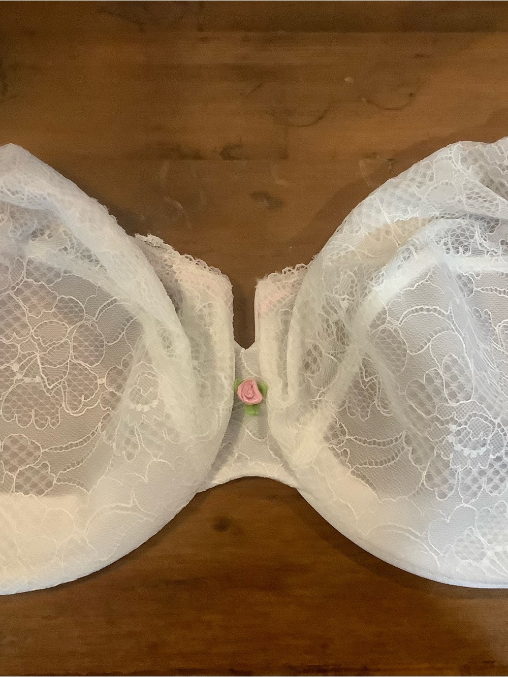 Glamorise White Lace Strapless Bra with Pink Rose Trim